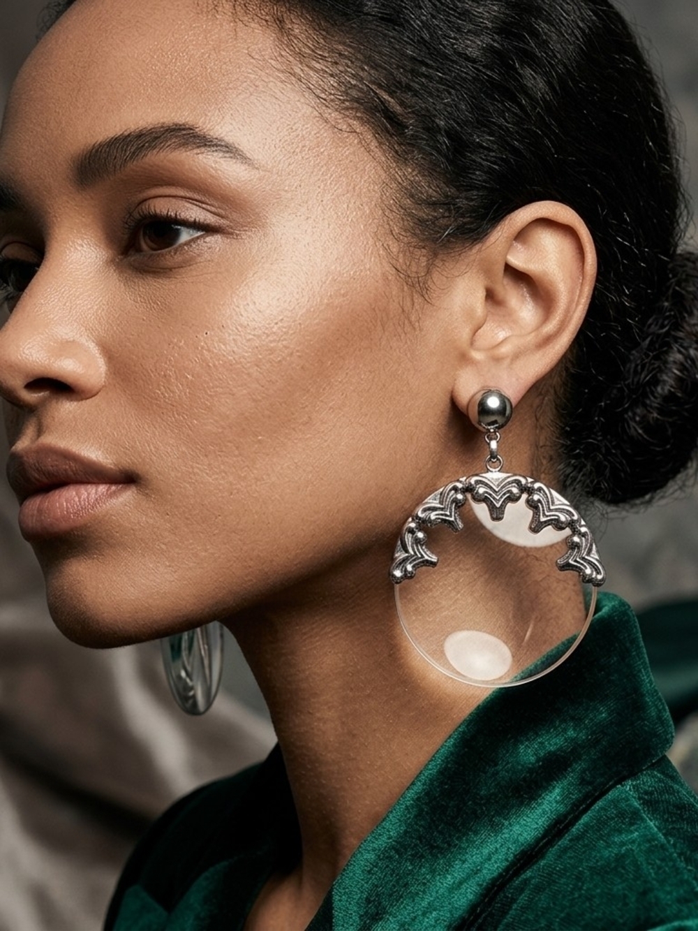 Vintage Ornate Silver Ares Sign Acrylic Hoop Earrings